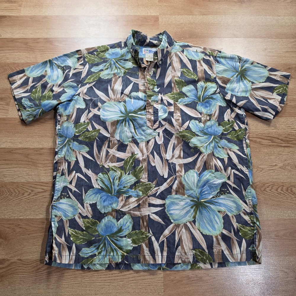 Vintage Reyn Spooner Hawaiian Shirt Mens M Blue Hibiscus Bamboo Popover Aloha